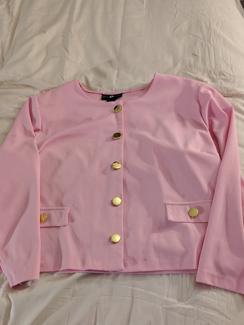 Ashley Stewart Pink Collarless Blazer with Gold Buttons